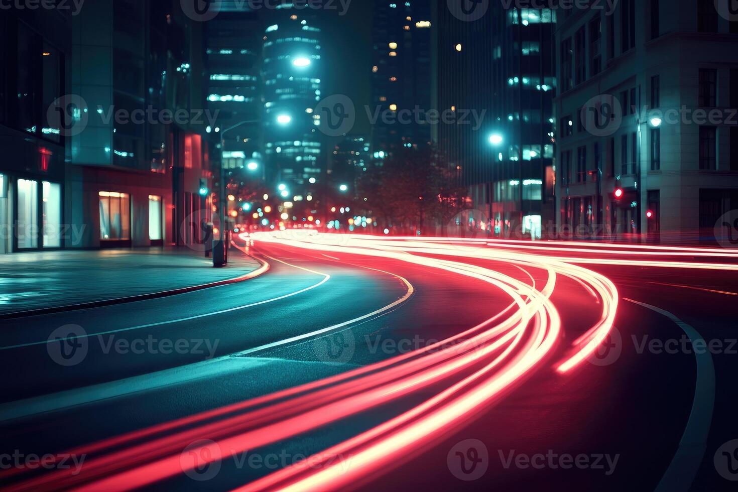 A city street at night with light trails photo