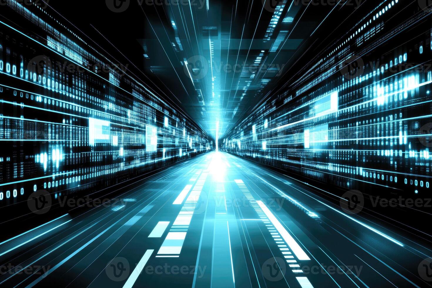 A futuristic tunnel with glowing lights and data photo