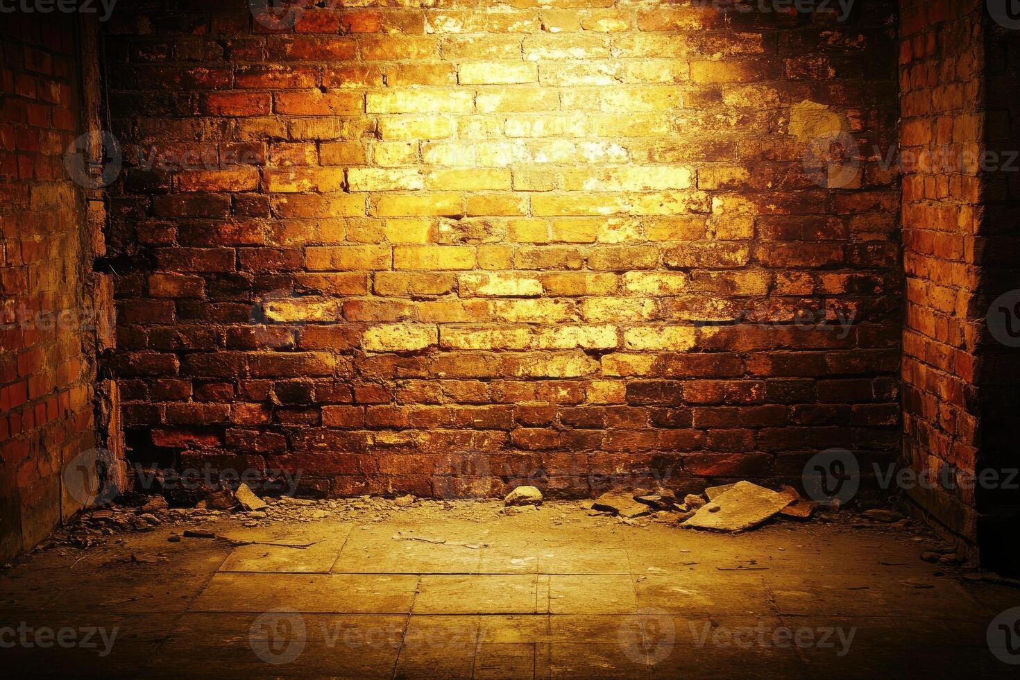 An empty room with a brick wall and a light photo
