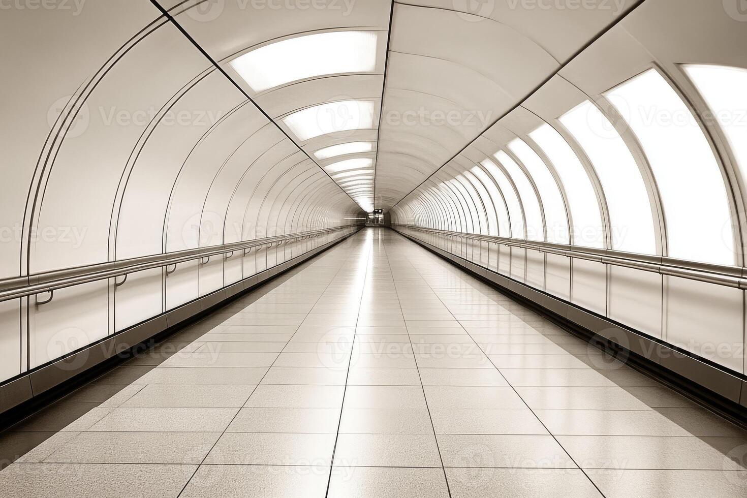 A long tunnel with white walls and a light at the end photo