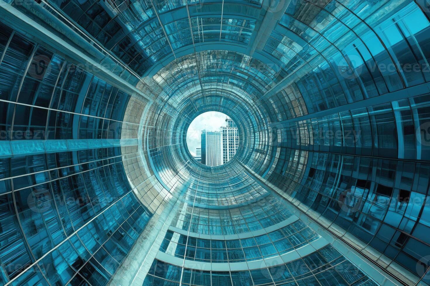 A view of a building through a glass tunnel photo