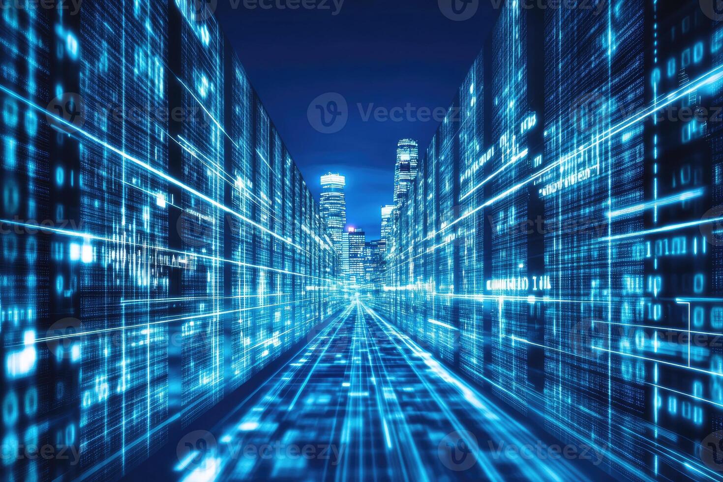 Data network and cityscape at night photo