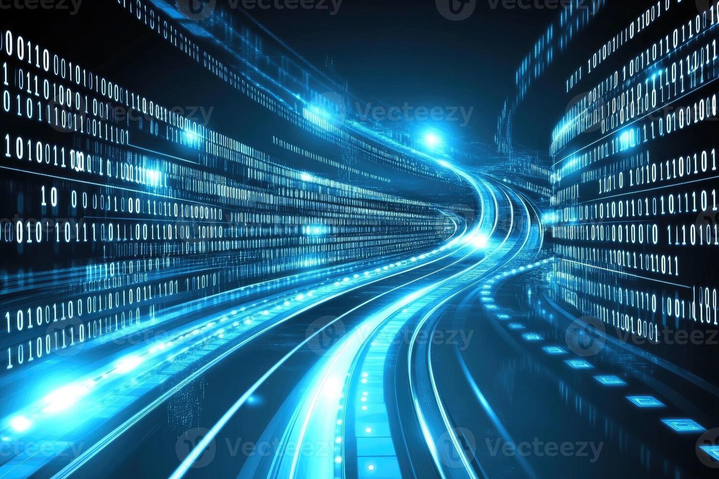 A futuristic road with data lines and lights photo