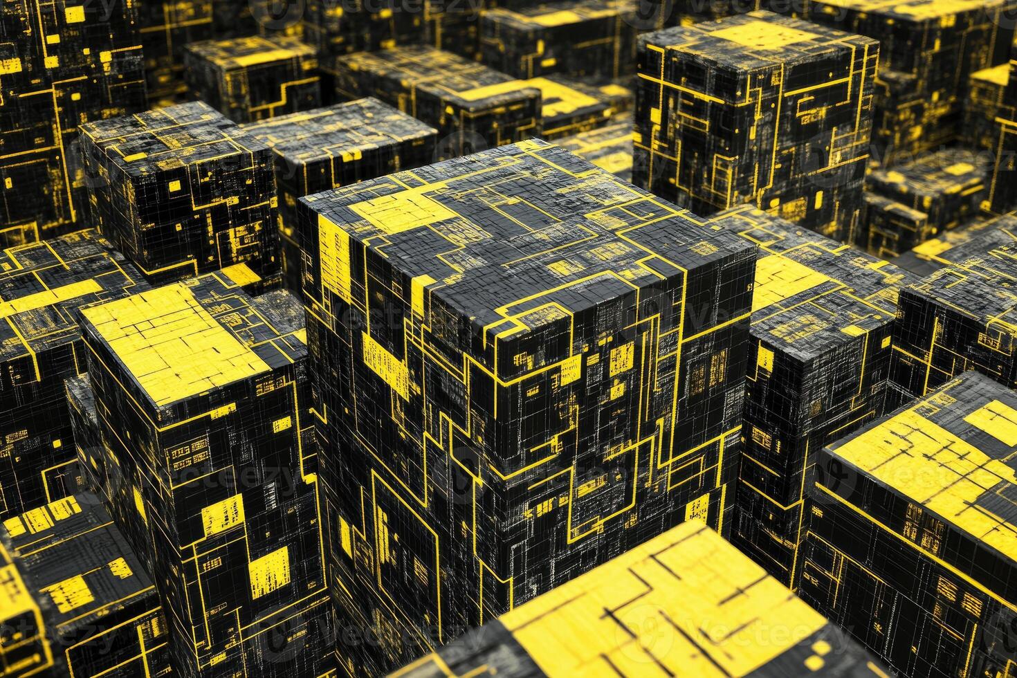 3d rendering of a city with yellow and black buildings photo