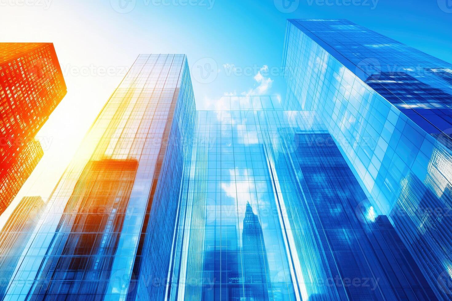 A view of skyscrapers in a city with the sun shining photo