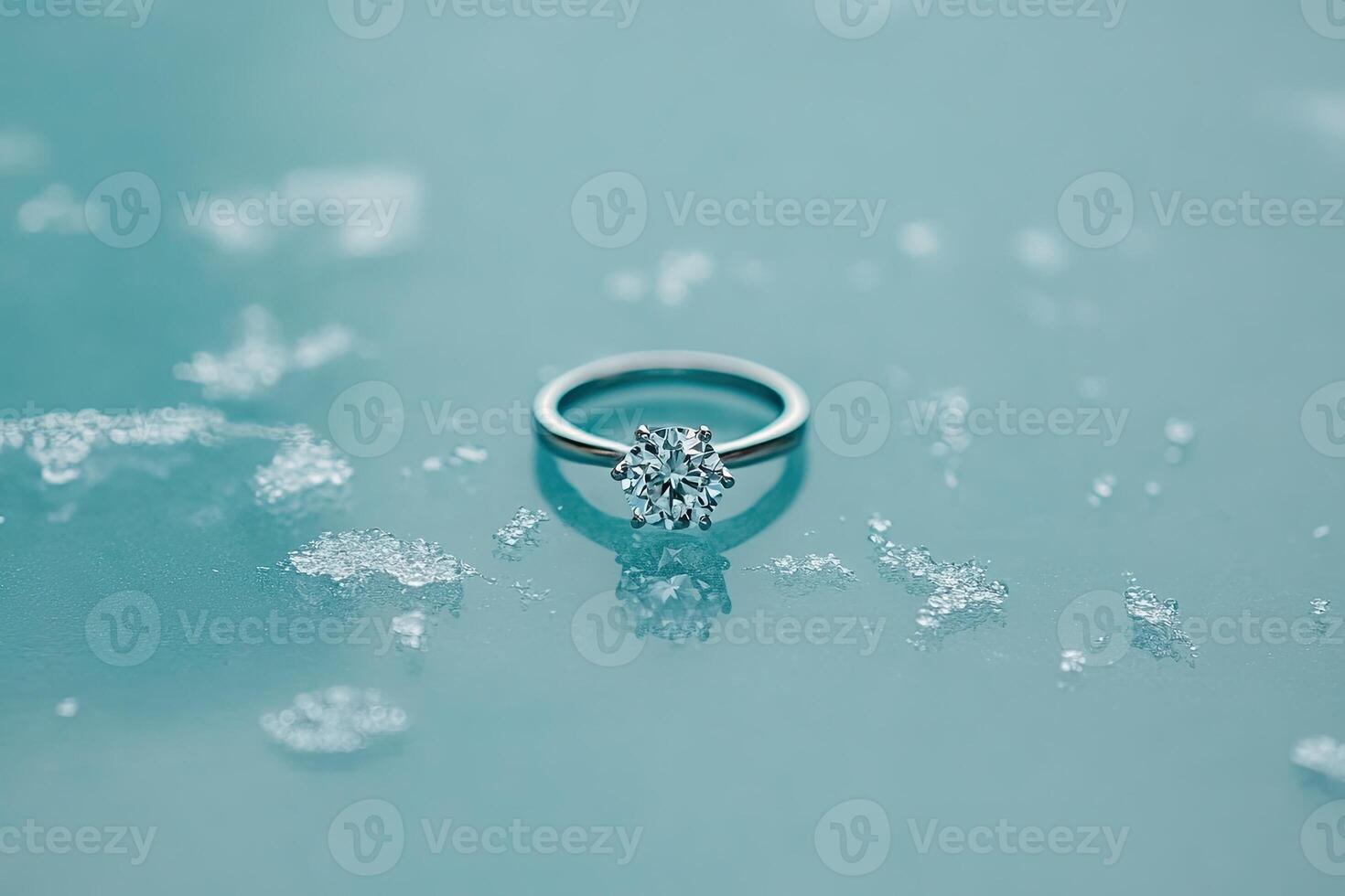 A diamond engagement ring on a blue surface photo
