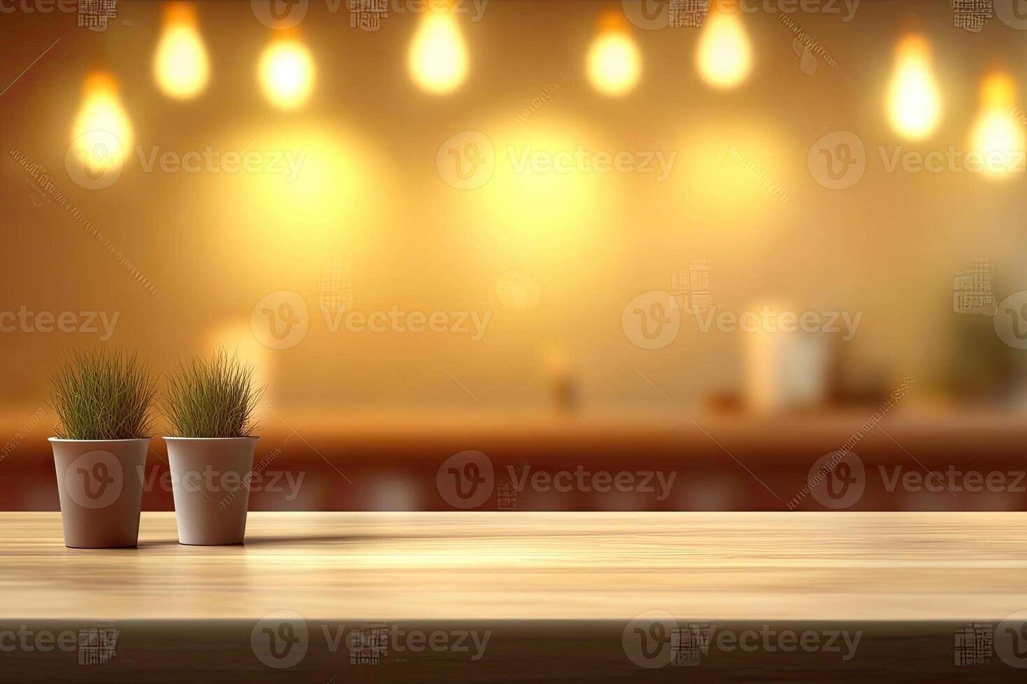Wooden table with two potted plants on it photo