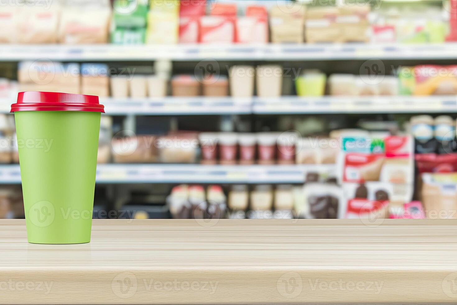 Green coffee cup on table in front of supermarket shelves photo