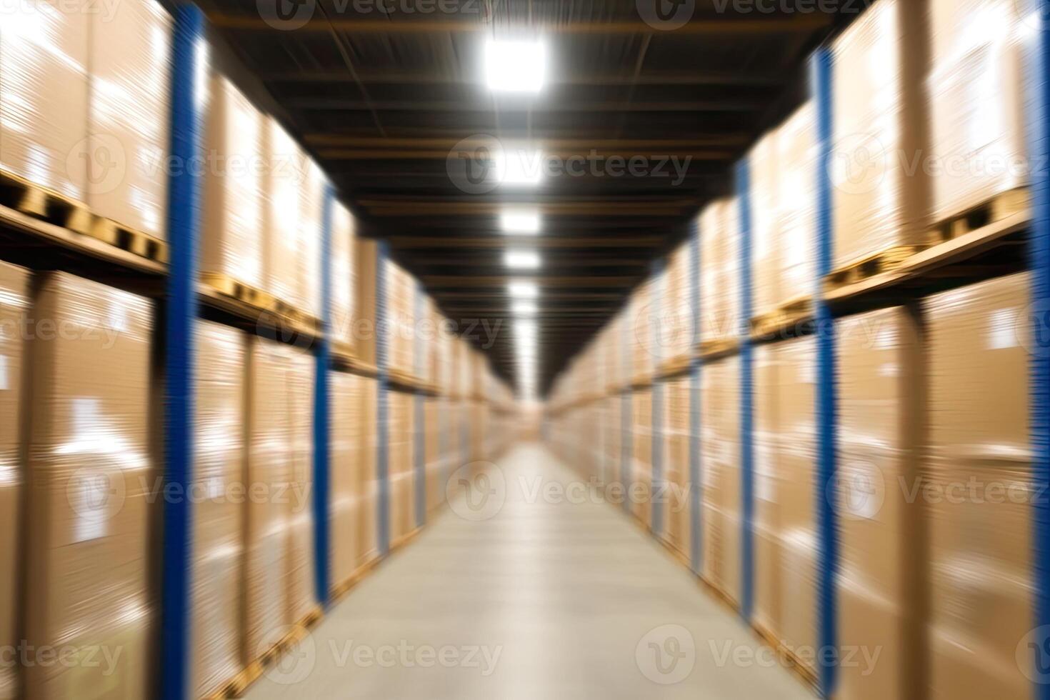 A warehouse aisle with boxes and shelves photo