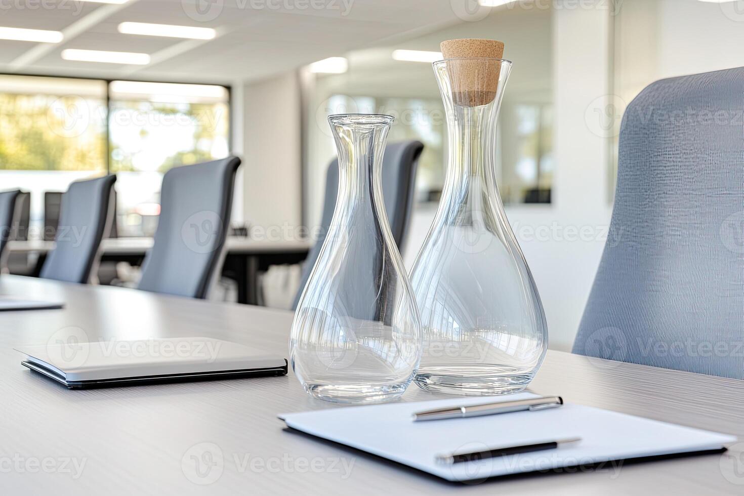 A table with two vases and a pen on it photo
