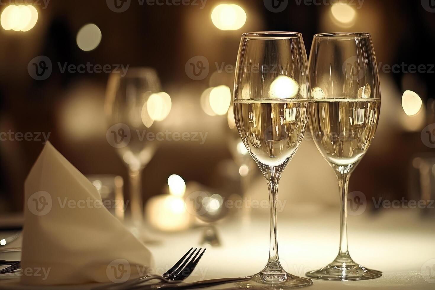 Two glasses of champagne on a table with a napkin photo