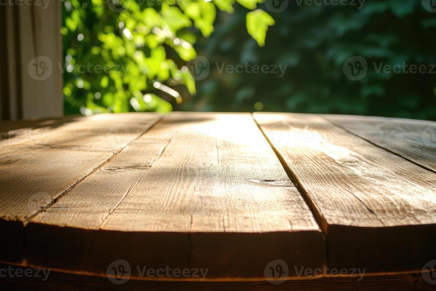 A wooden table with a bird on it photo