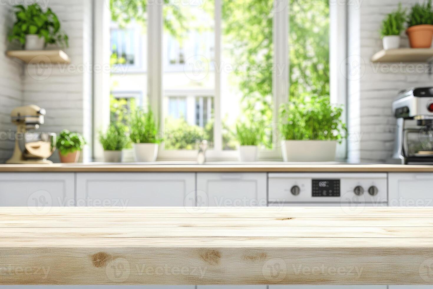 A kitchen with a wooden table and plants in the background photo