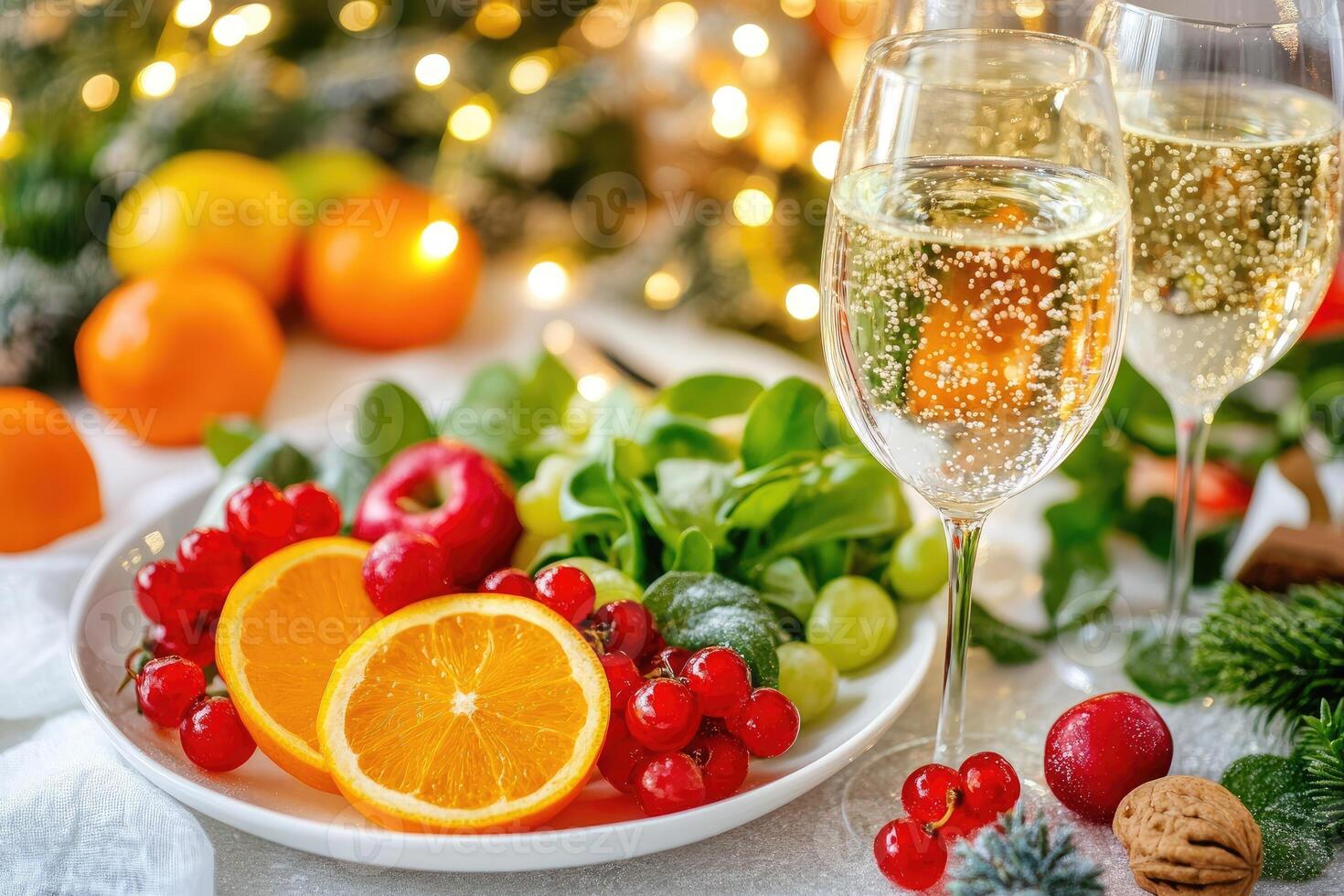 A plate with fruit and champagne on a table photo