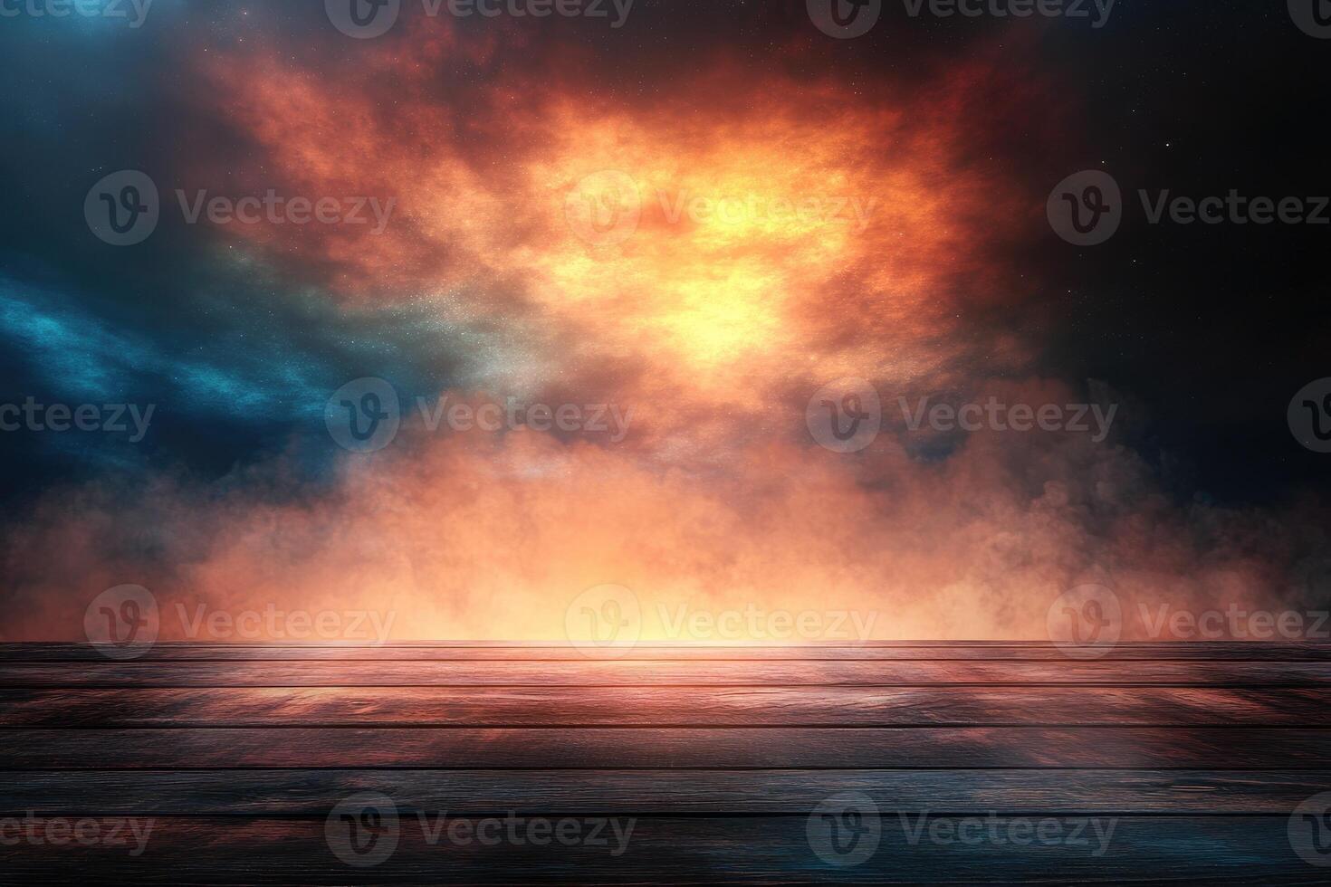 An empty wooden floor with a fire and smoke photo