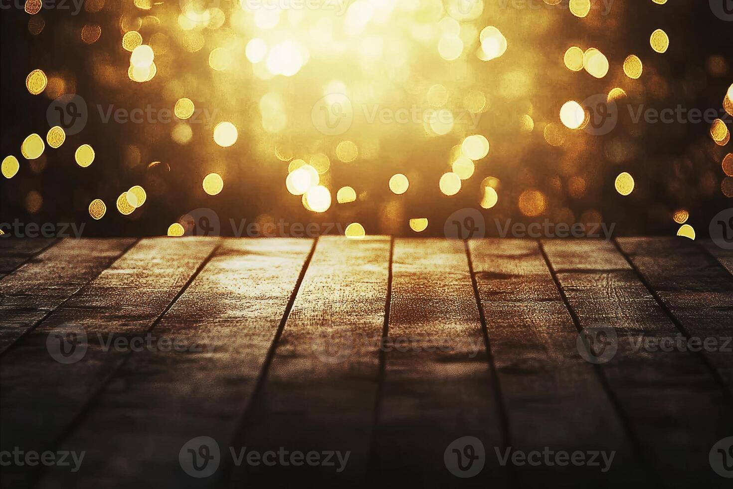 Wooden table with golden lights on it photo