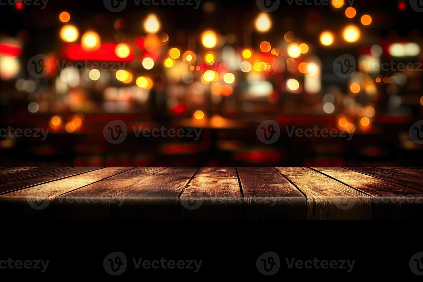 Wooden table top over a bar with lights photo