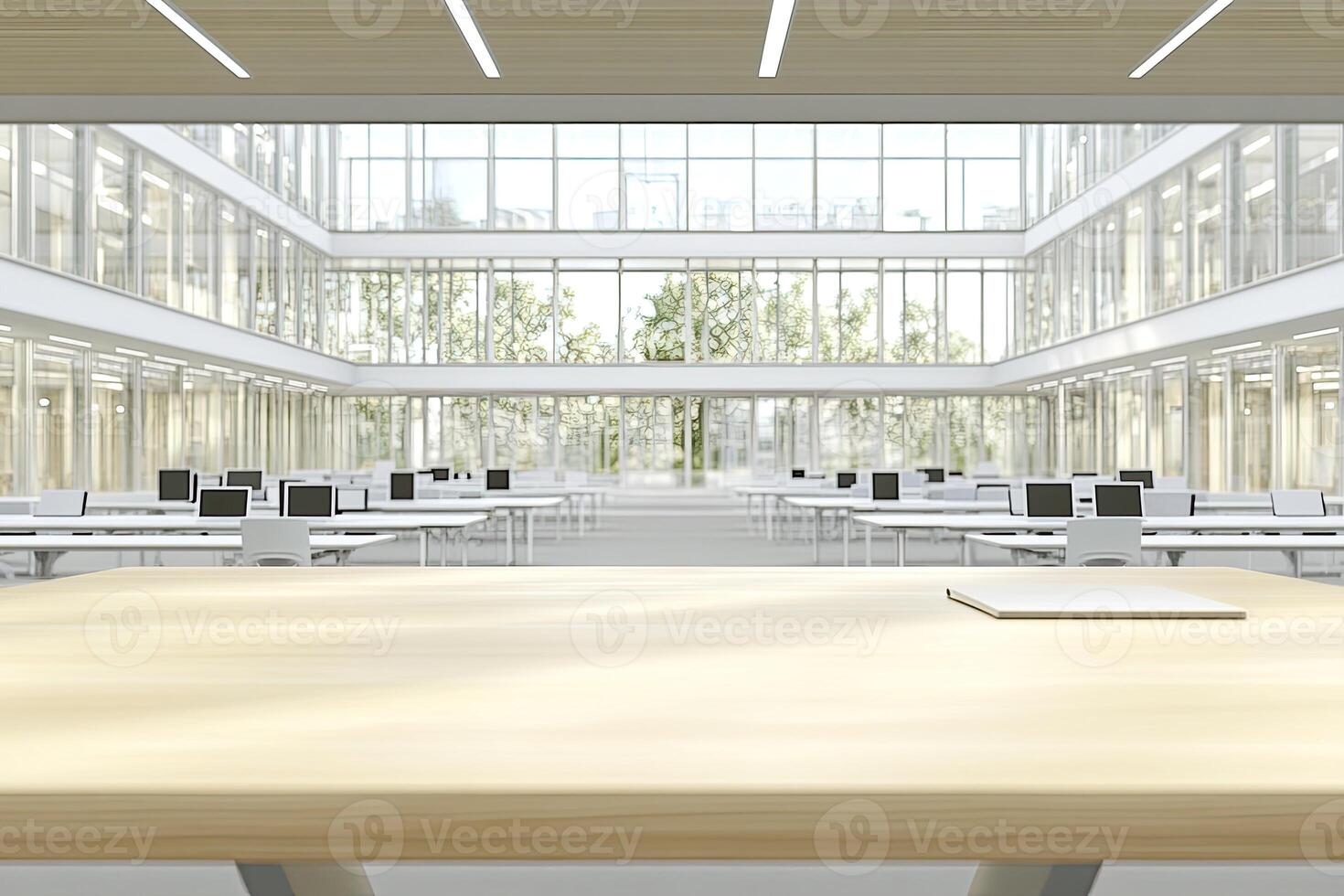 A large open room with desks and tables photo