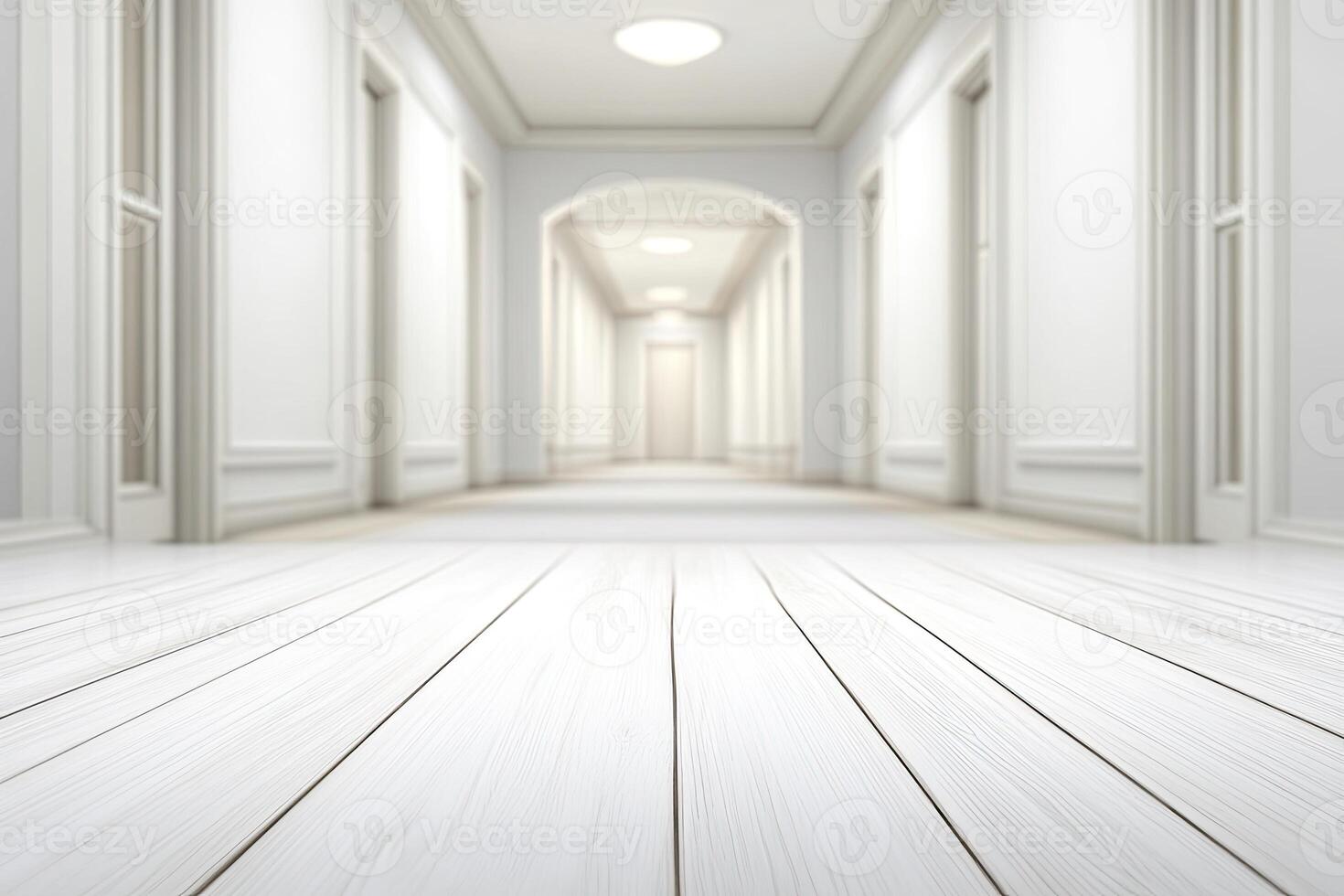 White hallway with wooden floor and white walls photo