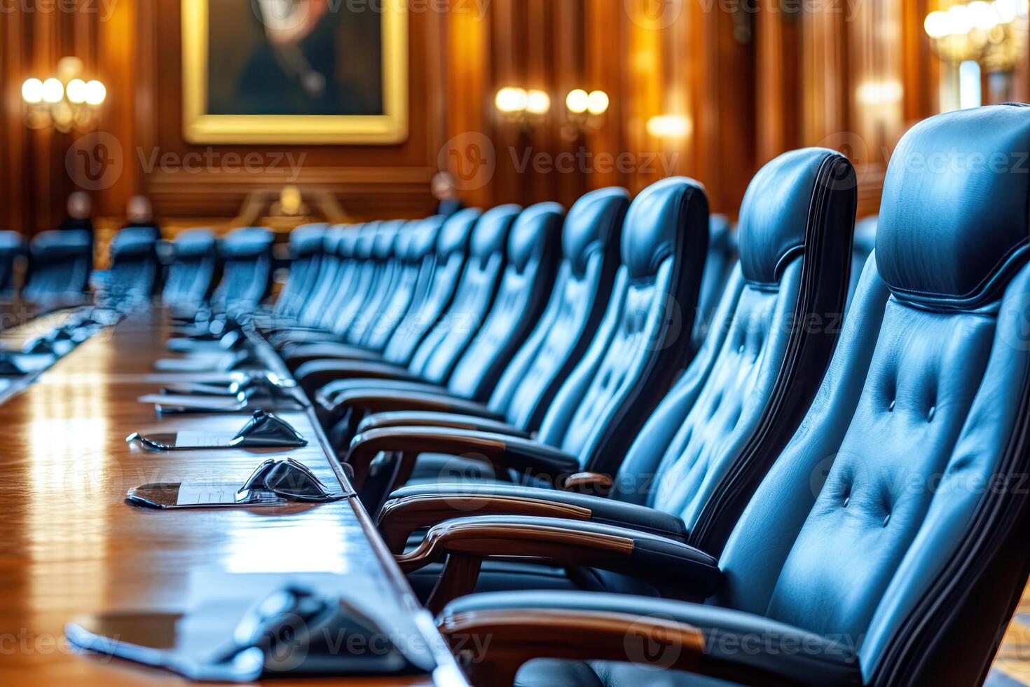 Rows of chairs in a large conference room photo