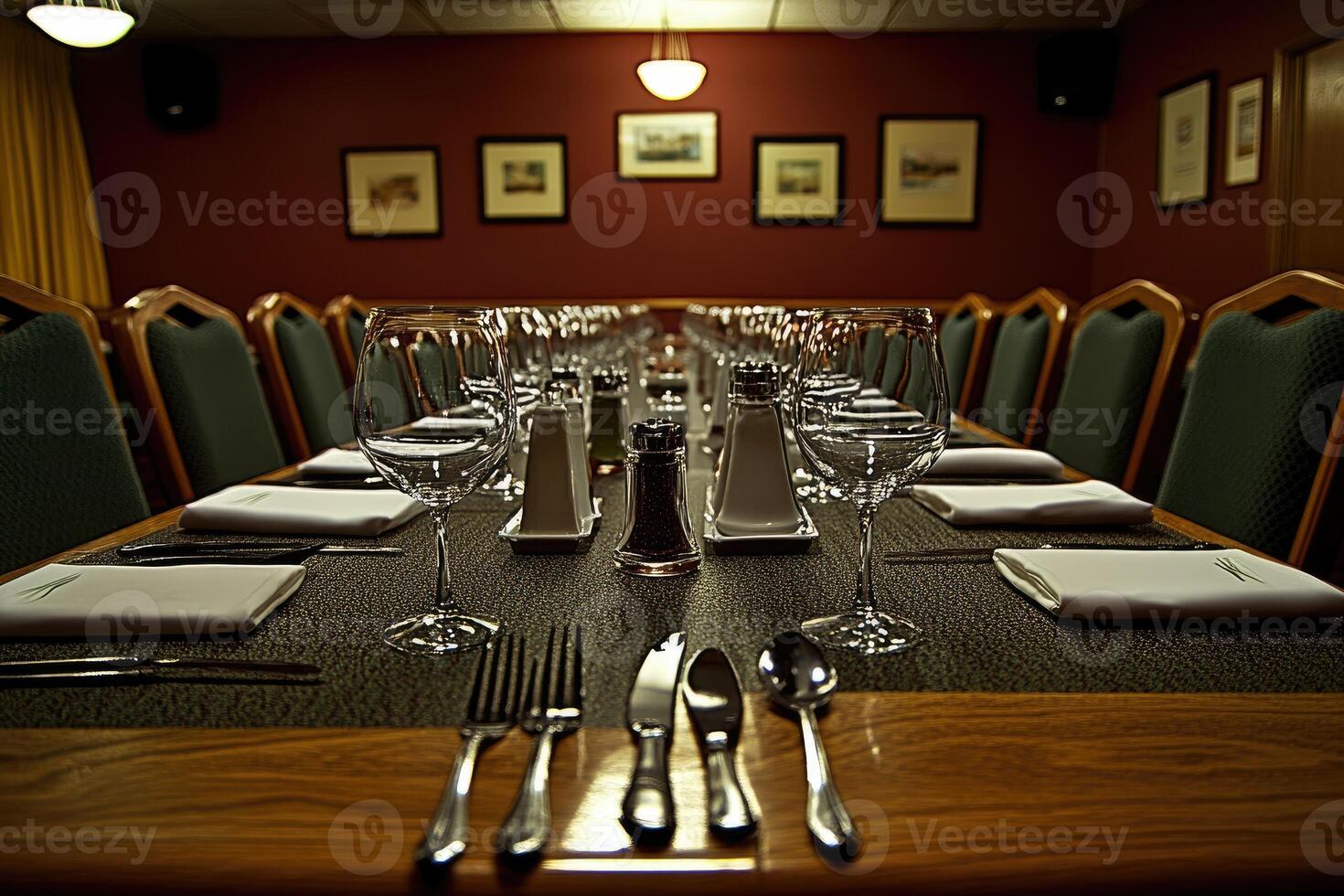 A table with a lot of empty wine glasses photo