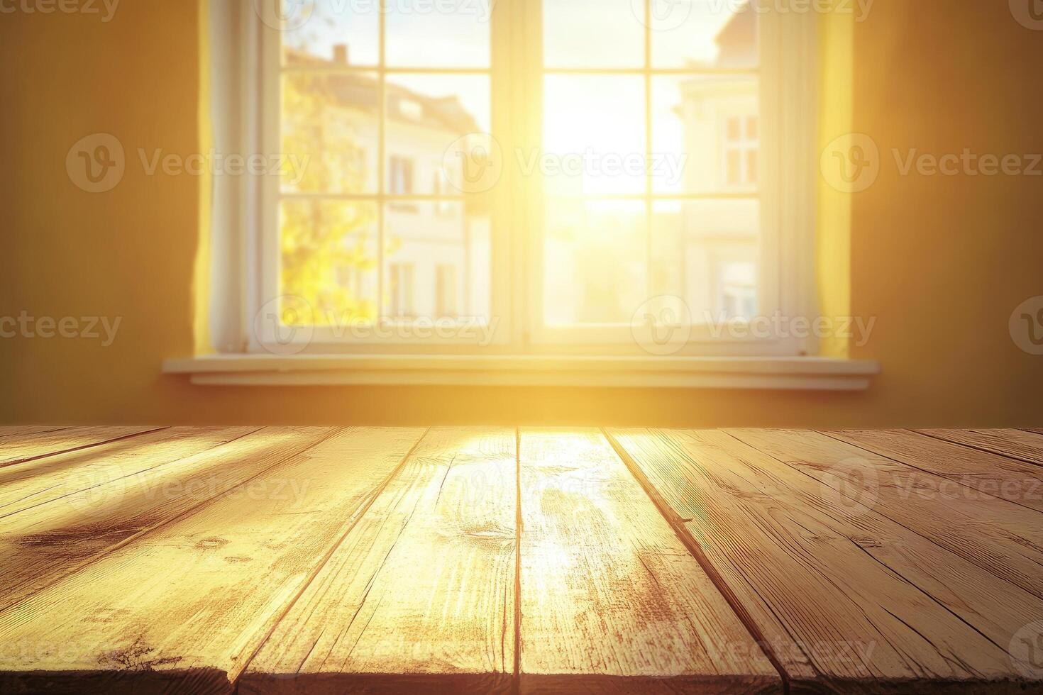 An empty wooden table in front of a window photo