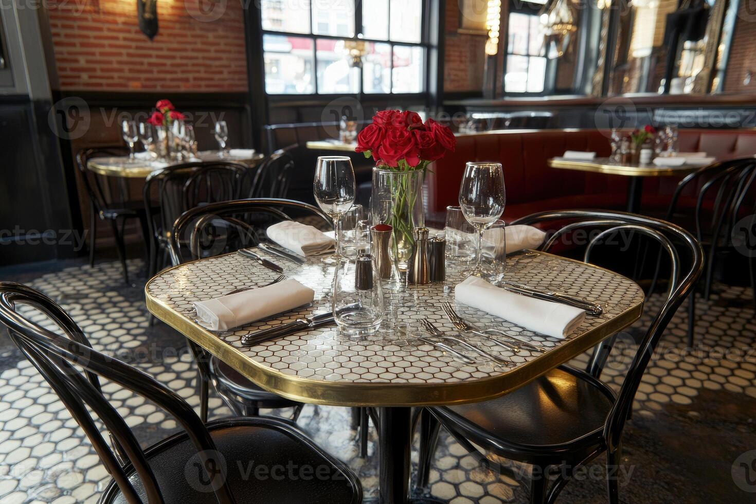A table with four chairs and a vase of flowers photo