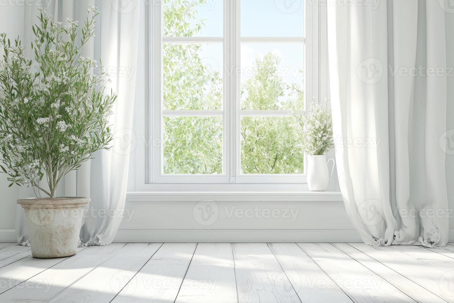 White room with window and white curtains photo
