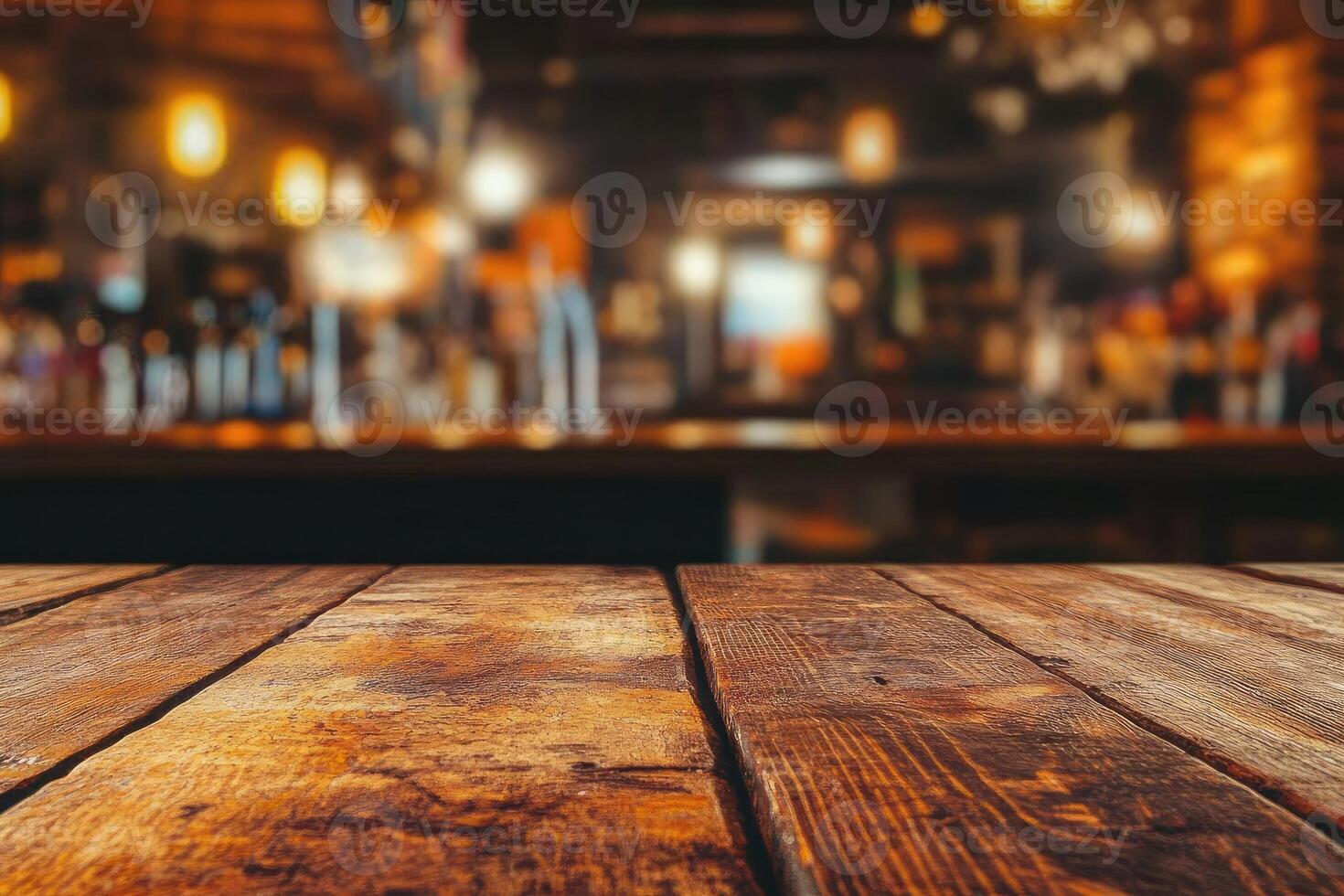 Wooden table top over blurred bar photo