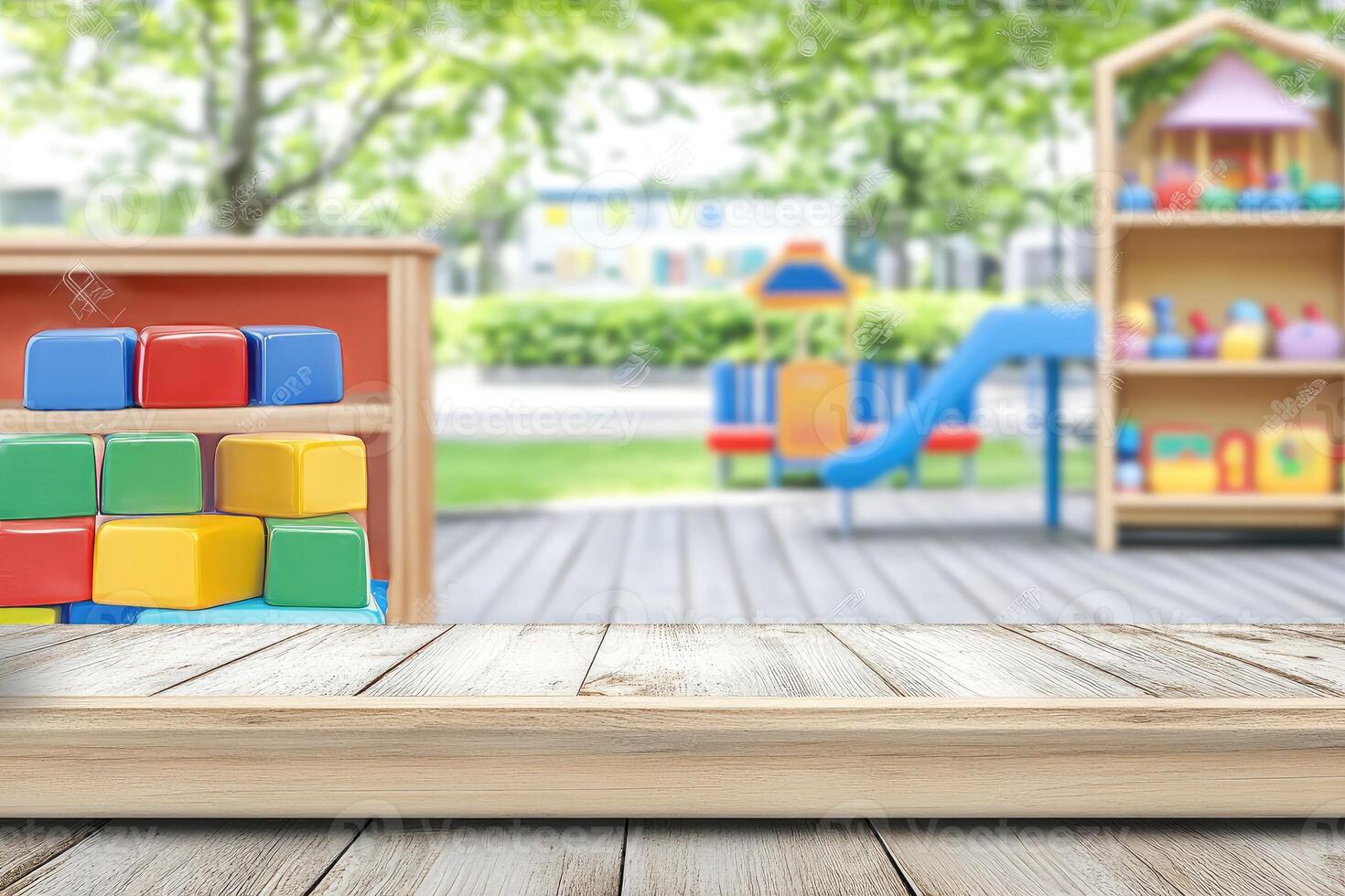 A wooden table with toys on it in front of a playground photo