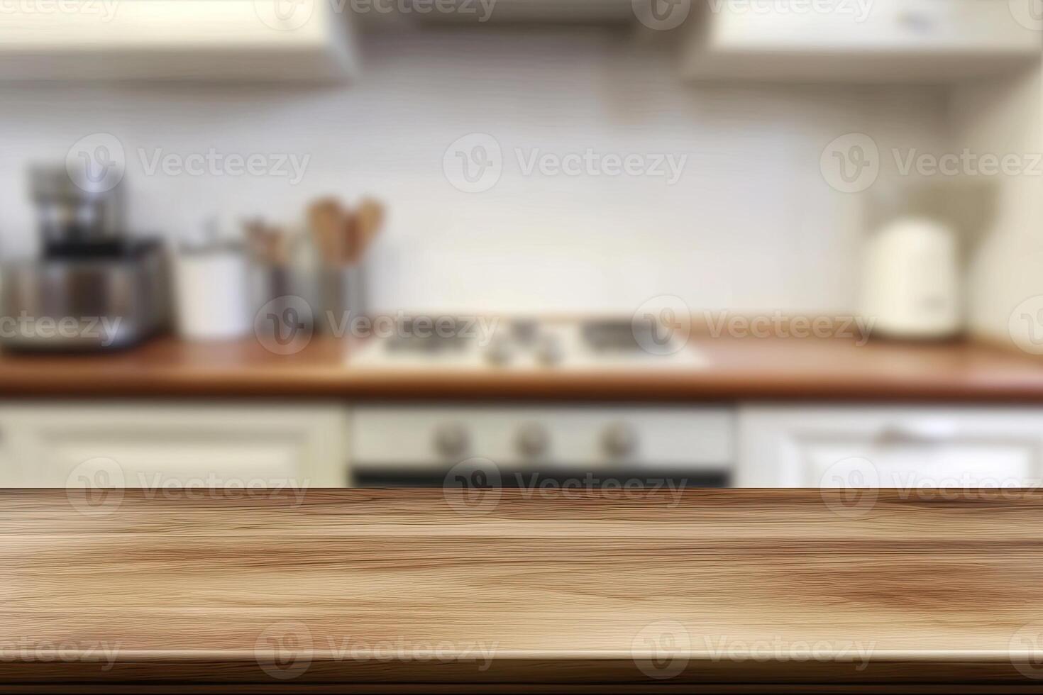 Wooden table top in kitchen with blurred background photo