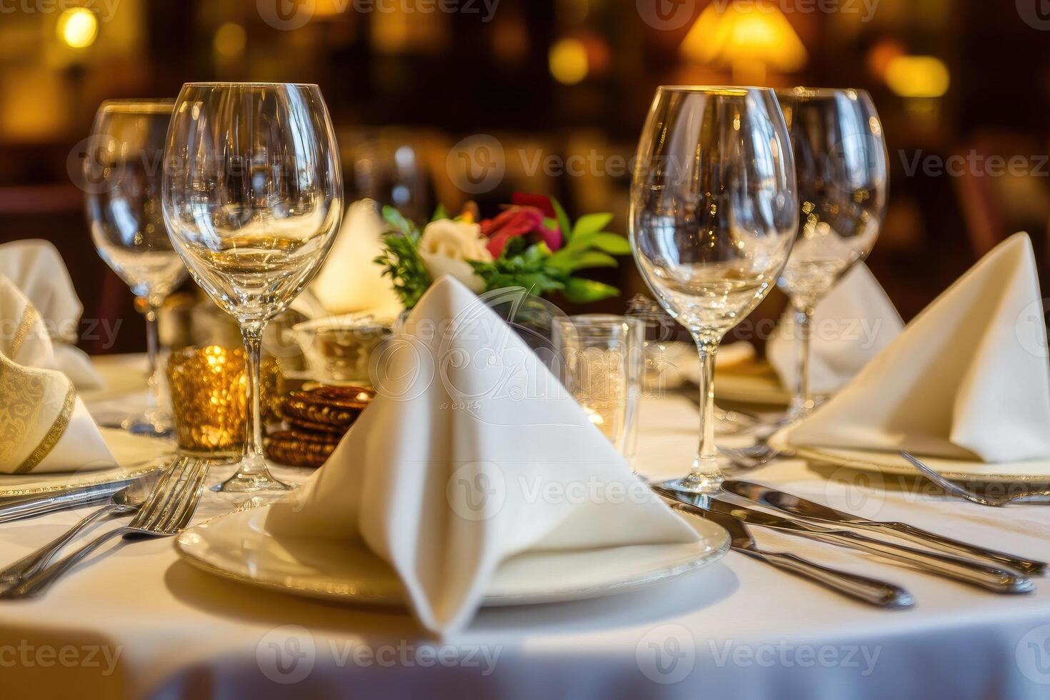 A table setting with white napkins and silverware photo