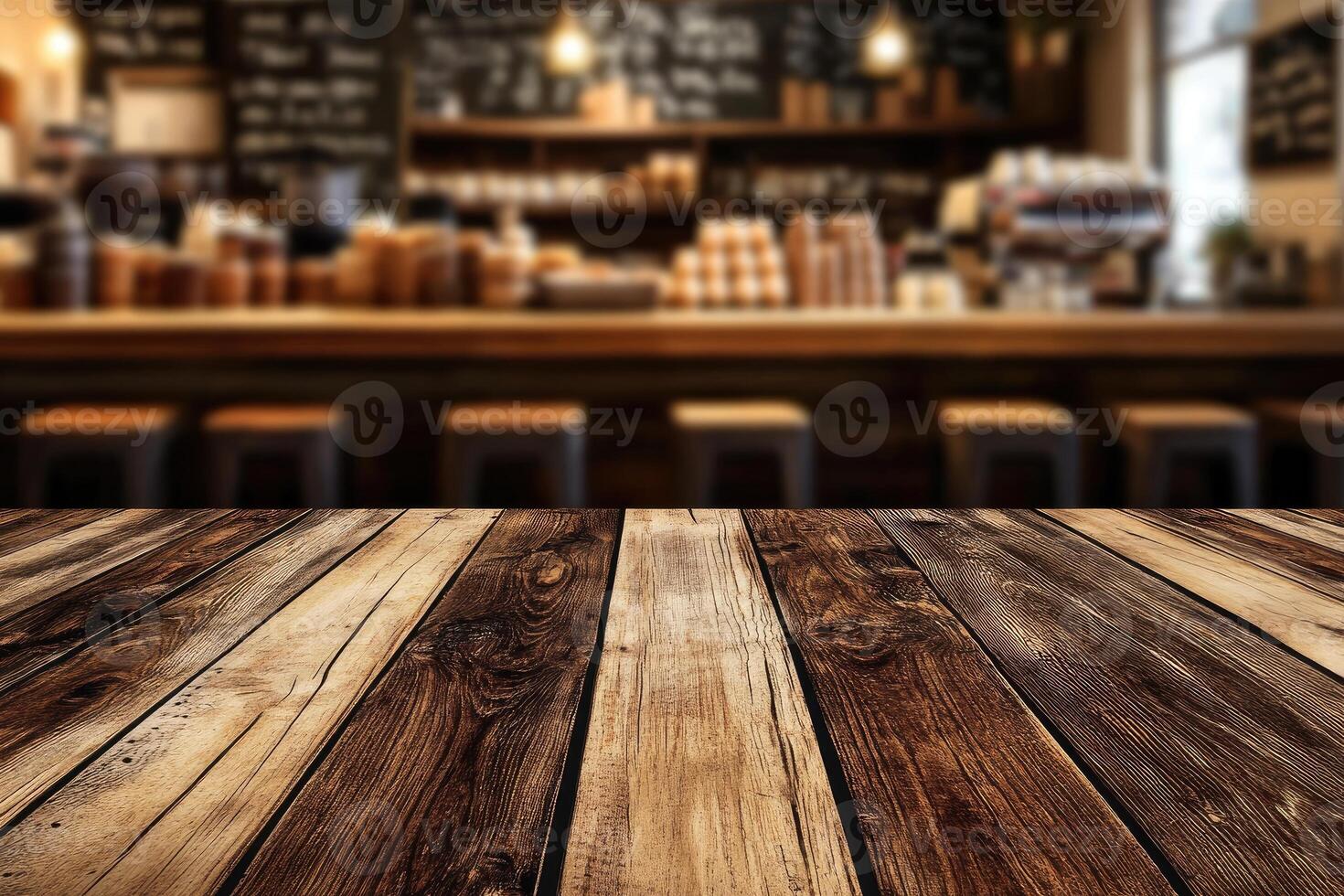 Wooden table top in front of a coffee shop photo