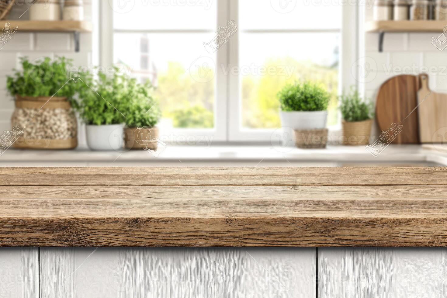Wooden countertop in kitchen with window photo