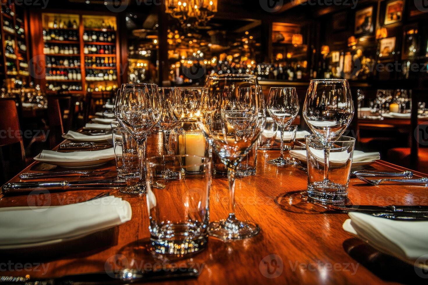 A table with empty wine glasses and place settings photo