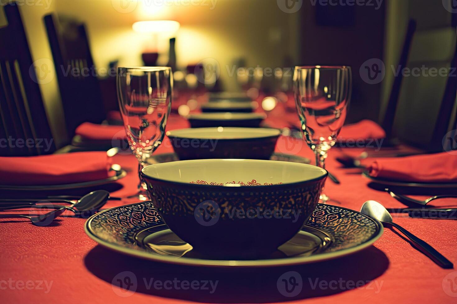 A table with a bowl and a plate photo