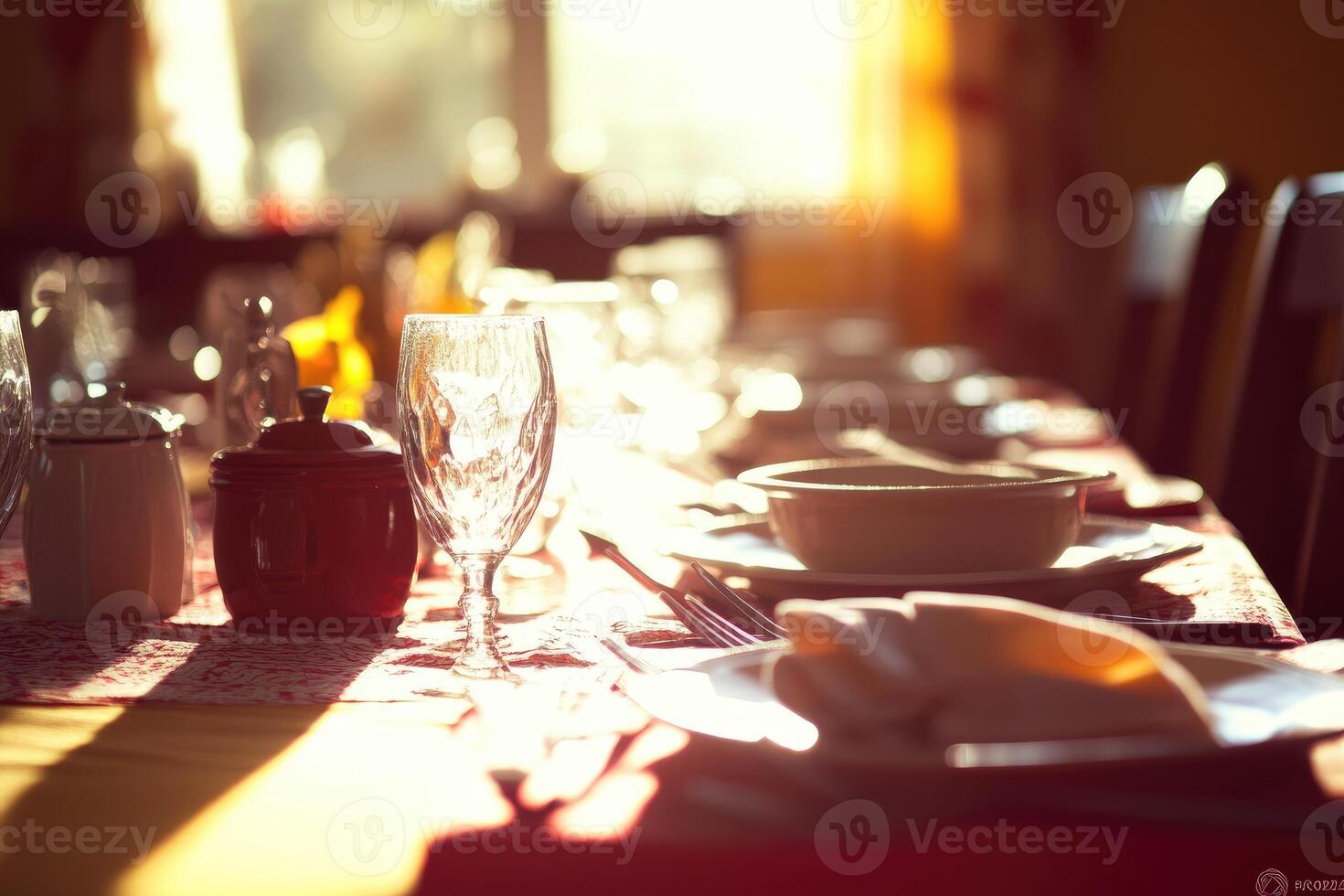A table with a lot of dishes and glasses photo
