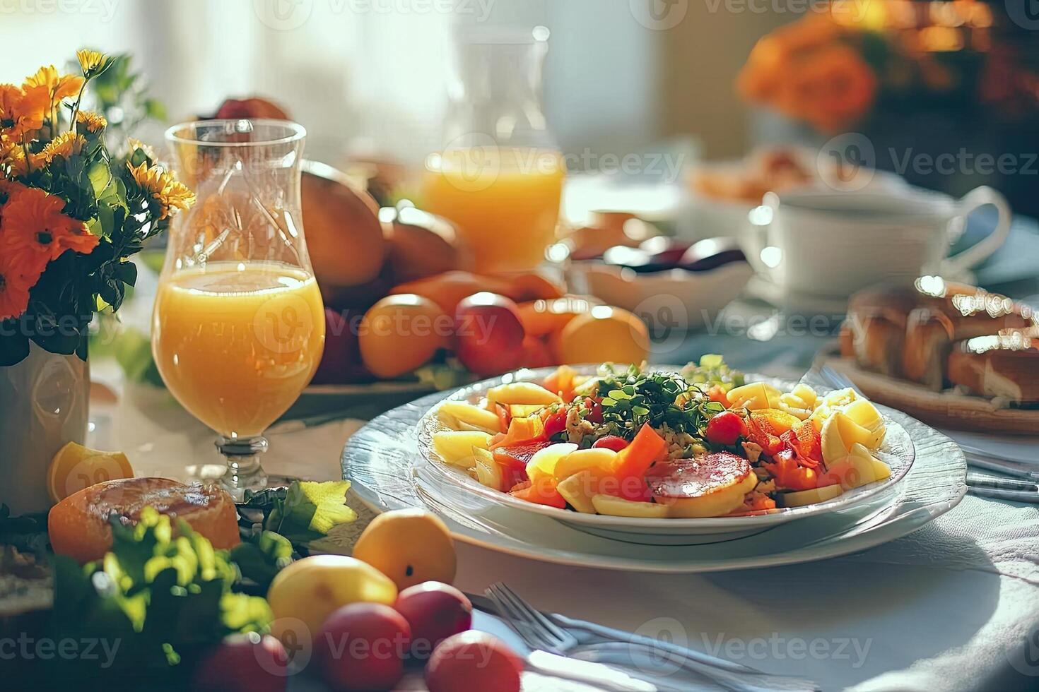 A table with a plate of food and orange juice photo