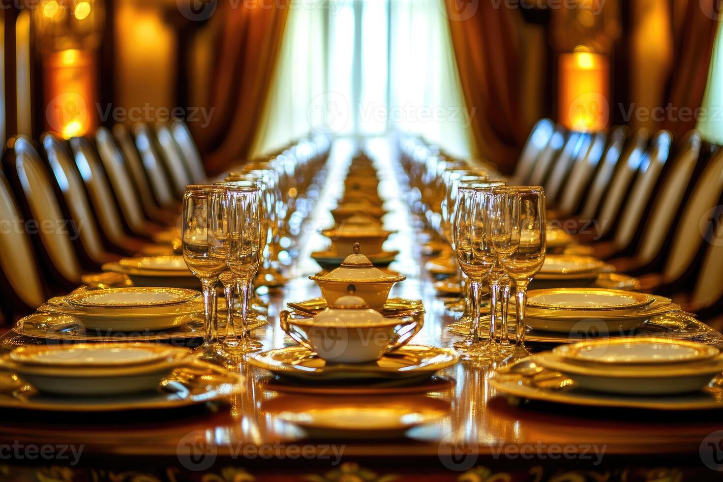 A long table with many plates and glasses photo