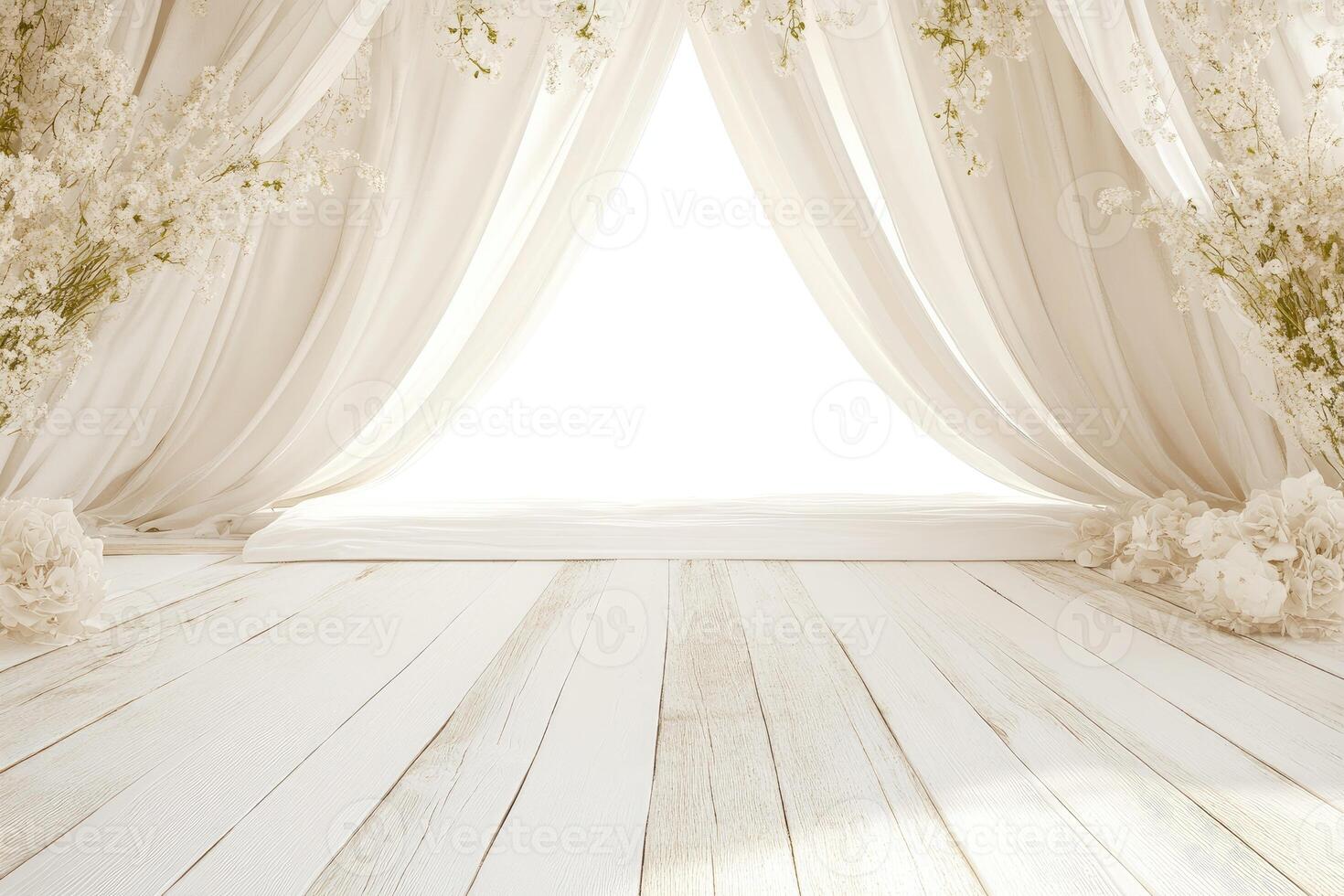 An empty room with white curtains and flowers photo