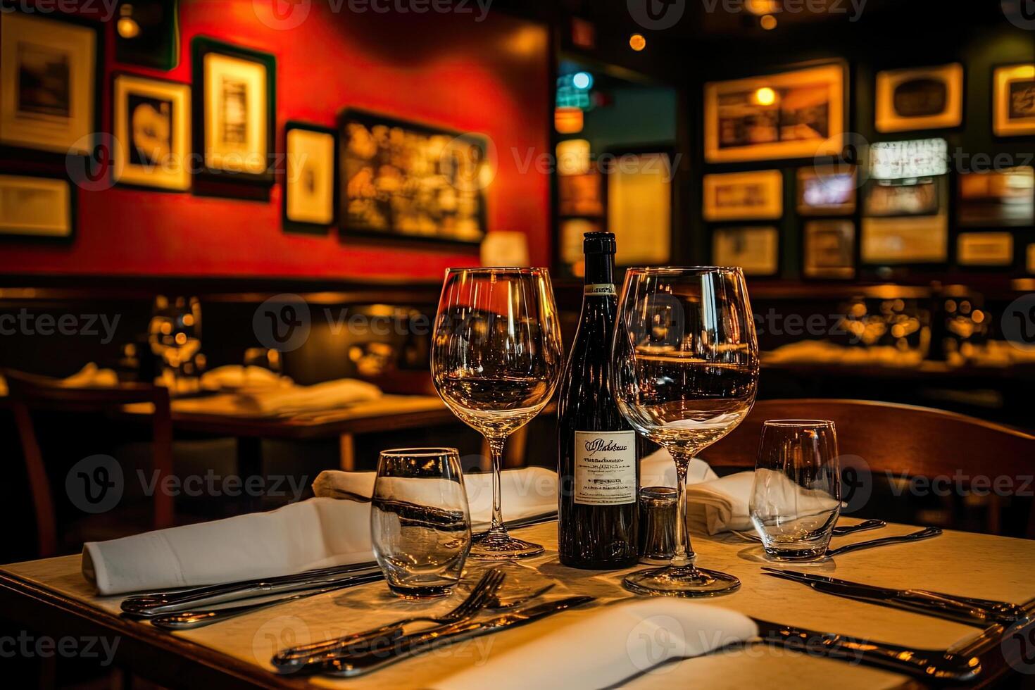 A table with two wine glasses and two wine bottles photo