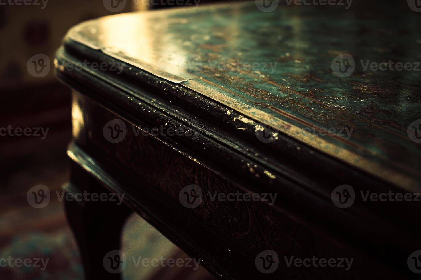 A table with a green and black pattern photo