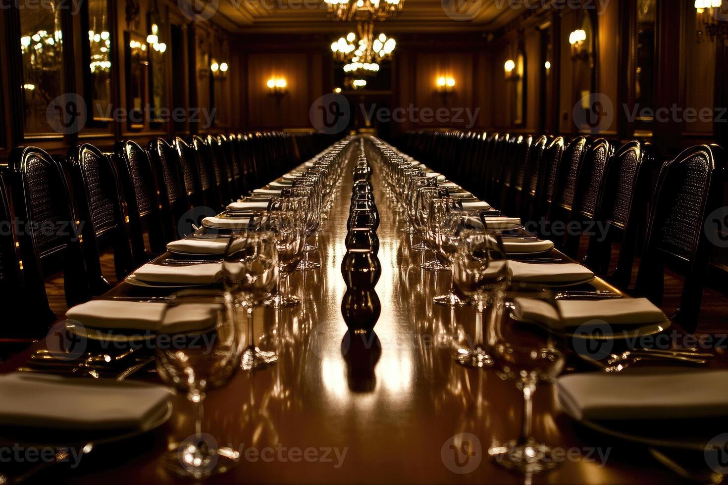 A long table with empty wine glasses and empty plates photo