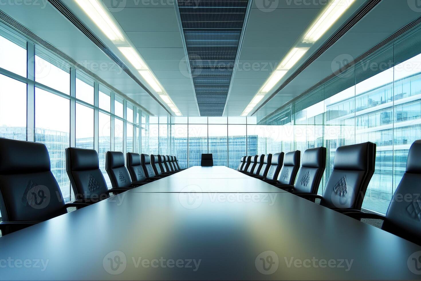 A long table with black chairs in front of a window photo