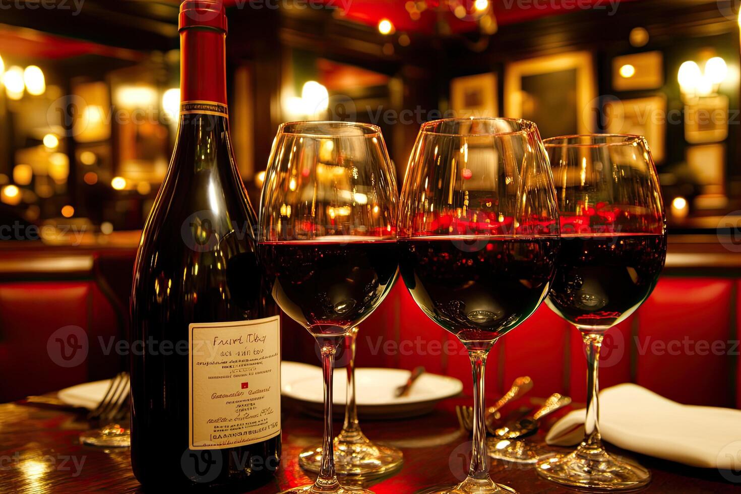 A table with wine glasses and a bottle of wine photo