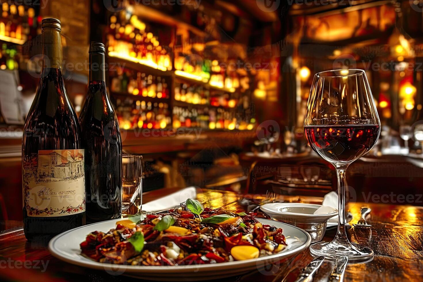 A plate of food and wine on a table photo