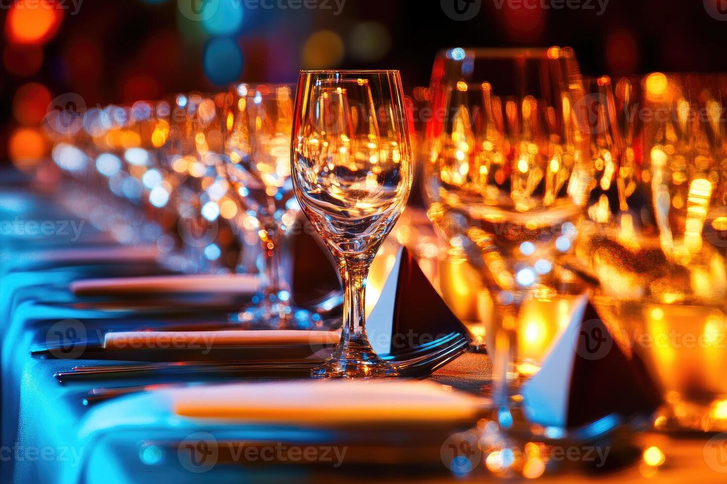 A long table with many empty wine glasses photo