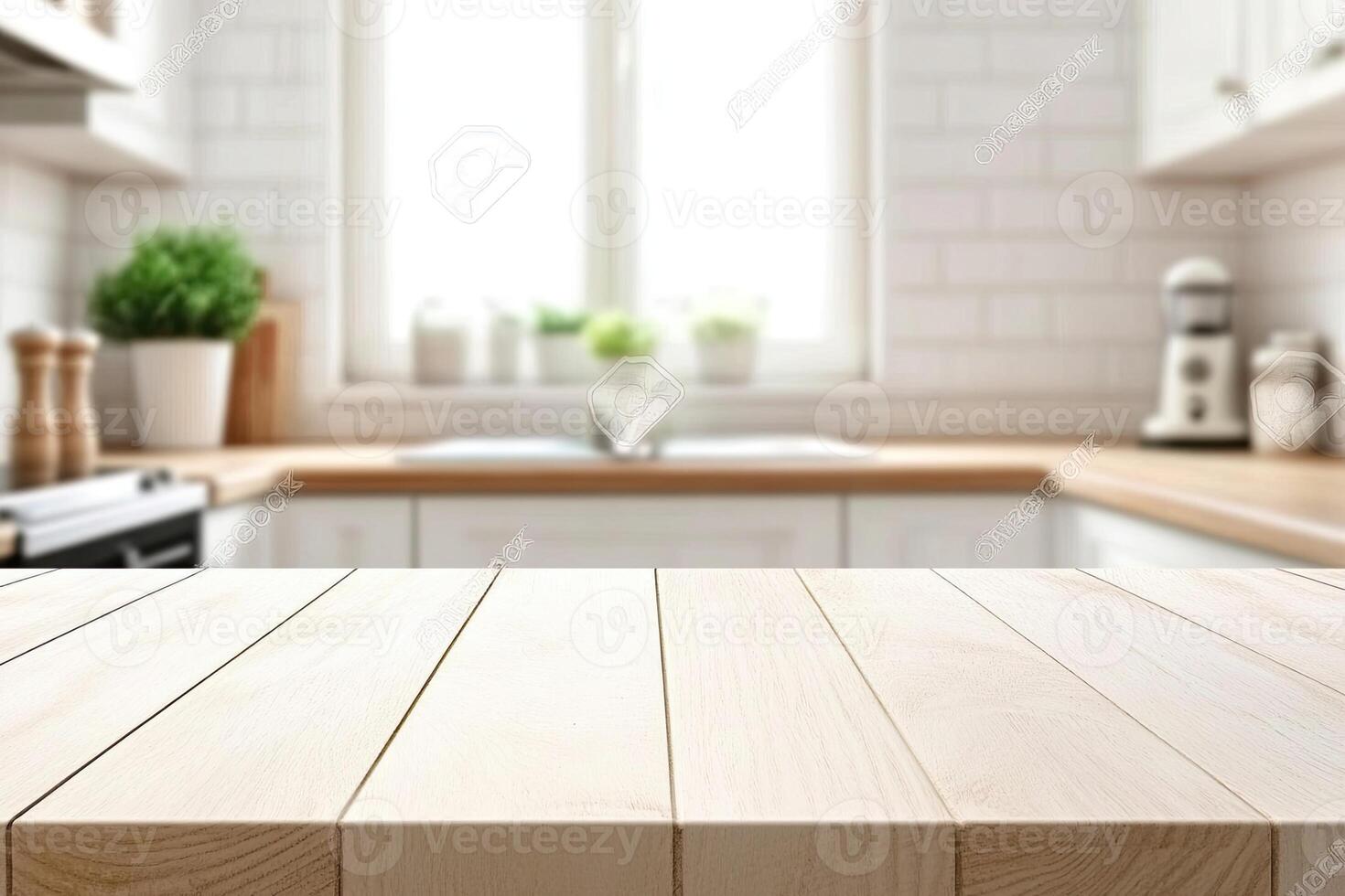 Wooden table top in kitchen with white countertops photo