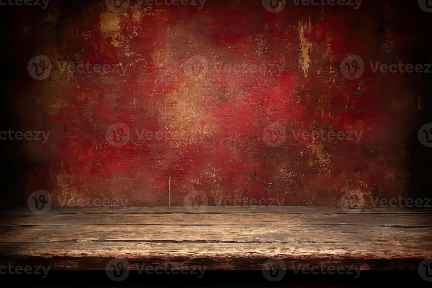 An empty wooden table in front of a red wall photo