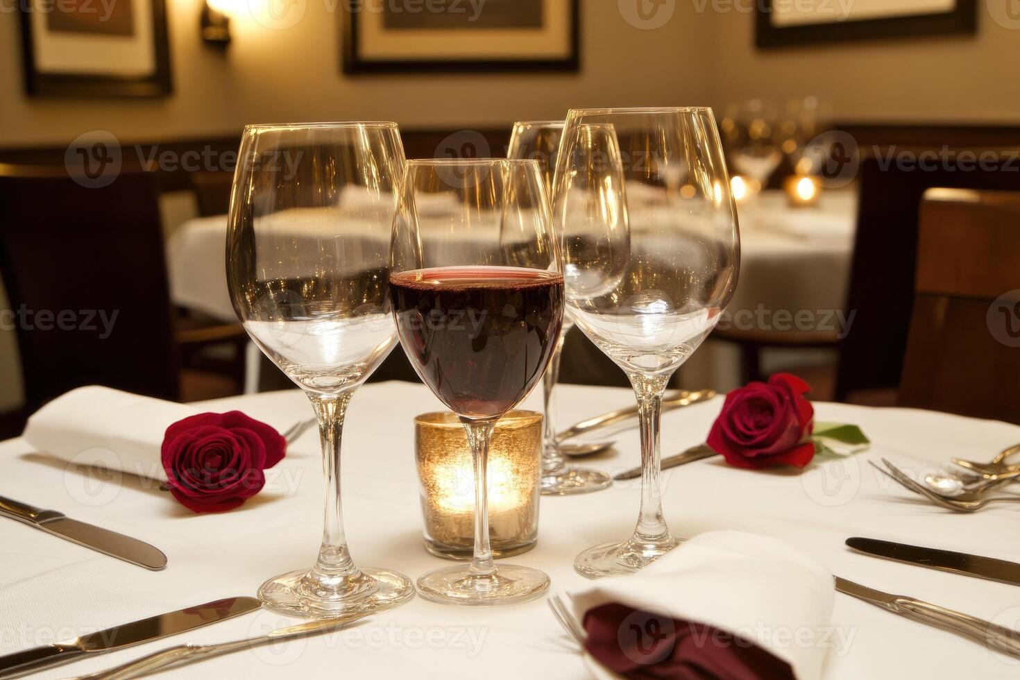 A table with wine glasses and a rose on it photo